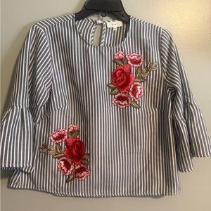 Love J Rose Embroidered Striped blouse bell sleeve floral romantic boho size M